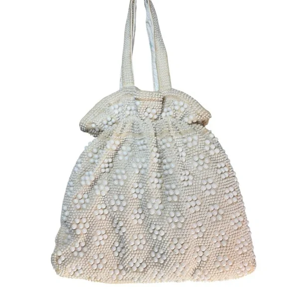 Vintage 1950s Candy Dot Cream & White Double Beaded Hand Bag - Picture 2 of 15